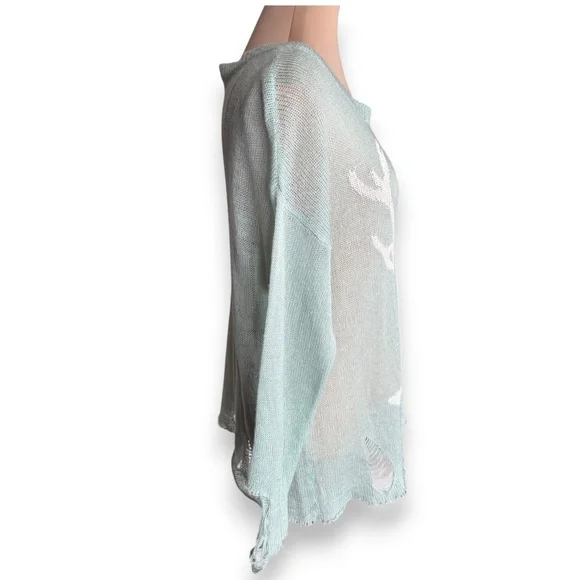 ROMWE mint distressed deer sweater sheer knit long sleeve - Picture 4 of 9